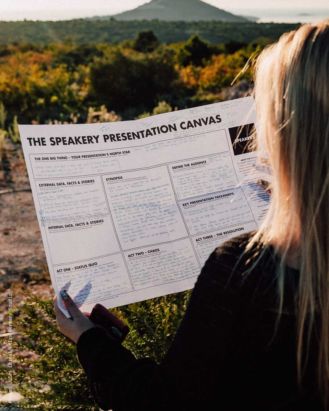 A speakery student uses the Speakery Presentation Canvas to practise her keynote. Speaker training with Marcus John Henry Brown and his Speakery method.